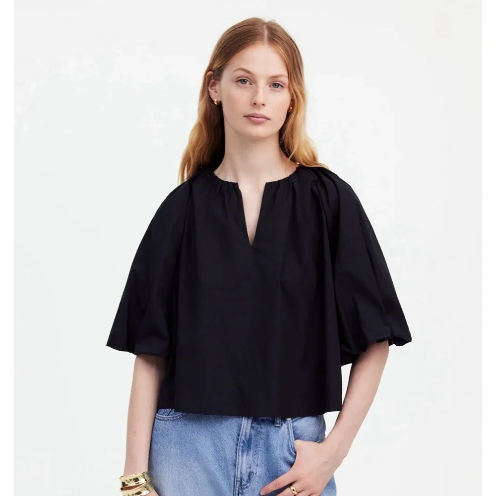 NWT Madewell Bubble-Sleeve Top Poplin True Black